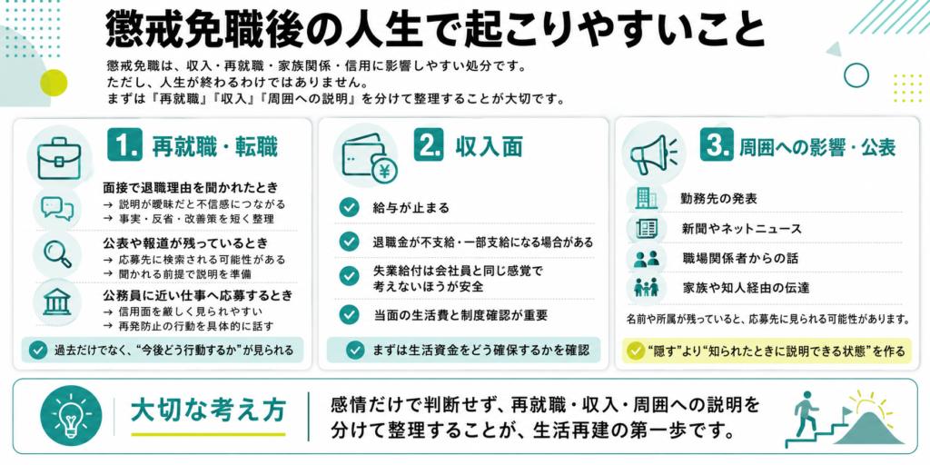 懲戒免職後の人生で起こりやすいこと 懲戒免職は、公務員としての身分を失うだけでなく、収入・再就職・家族関係・周囲からの信用にも影響しやすい処分です。 そのため、処分直後は「人生が終わった」と感じるほど追い込まれることもあります。 ただし、懲戒免職後の人生が完全に閉ざされるわけではありません。大切なのは、感情だけで判断せず、再就職、収入、周囲への説明を分けて整理することです。 再就職や転職で不利になる可能性がある 懲戒免職後の再就職では、退職理由を確認されたときに不利になる可能性があります。特に、公務員としての信用や法令順守が問われる理由で処分を受けた場合、採用担当者は「同じ問題を繰り返さないか」を気にしやすくなります。 とはいえ、懲戒免職になった人が必ず再就職できないわけではありません。採用側が見ているのは、過去の処分だけでなく、本人が事実をどう受け止め、どのように行動を変えたかです。 場面不利になりやすい理由準備すべきこと面接で退職理由を聞かれたとき説明が曖昧だと不信感を持たれやすい事実・反省・改善策を短くまとめる公表や報道が残っているとき応募先に検索される可能性がある聞かれる前提で説明を用意する公務員に近い仕事へ応募するとき信用面を厳しく見られやすい再発防止の行動を具体的に話す 面接では、長い弁解よりも、落ち着いた説明が大切です。「前職で問題を起こしたことは事実です。現在は原因を整理し、同じことを繰り返さないために行動を見直しています」という形で、過去よりも今後の働き方に話をつなげる必要があります。 退職金や失業給付など収入面の確認が必要になる 懲戒免職後は、再就職の前に収入面を確認する必要があります。給与が止まるだけでなく、退職金が不支給または一部支給になる場合があり、当面の生活費をどう確保するかが大きな課題になります。 公務員は一般的な会社員と同じ形で雇用保険に入っていない場合が多いため、失業給付についても通常の会社員と同じ感覚で考えないほうが安全です。 自治体や勤務先の制度によっては、退職手当と失業給付相当額の差額に関する扱いが関係する場合があります。 公表や報道によって周囲に知られる場合がある 懲戒免職の内容によっては、勤務先の発表や報道で周囲に知られる場合があります。特に、社会的影響が大きい事案、職務上の信用に関わる事案、氏名や所属が報じられた事案では、再就職活動にも影響しやすくなります。 名前が報道されている場合、応募先がインターネットで検索する可能性もあります。そのため、「知られない前提」で話を組み立てるより、「知られたときに説明できる状態」を作るほうが現実的です。 勤務先の発表 ↳処分内容が公表され、地域内で話題になる場合がある 新聞やネットニュース ↳氏名や所属が残り、応募先に見られる可能性がある 職場関係者からの話 ↳同じ地域や業界内で情報が広がる場合がある 家族や知人経由の伝達 ↳身近な人から周囲に伝わる場合がある このような状況では、すべてを隠そうとすると説明が苦しくなりやすくなります。家族には、事実